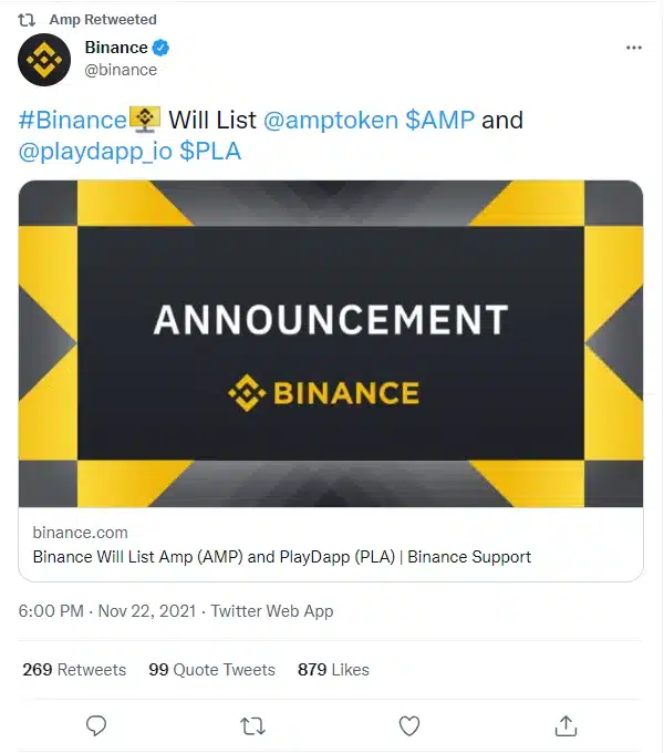 AMP retweet Binance listing announcement tweet