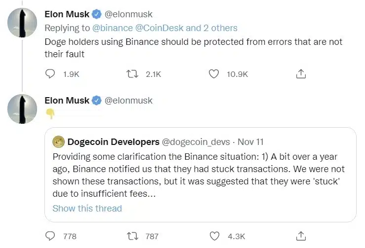 Elon Musk Questions Binance CEO CZ: "What's Going On With Your Doge Customers?" Amid Dogecoin Transaction Chaos Binance's response to Elon Musk on Twitter