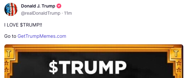 Donald Trump endorses TRUMP memecoin on Truth Social