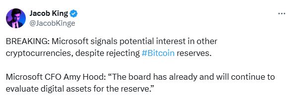 Microsoft CFO Hints at Exploring Cryptocurrencies Beyond Bitcoin