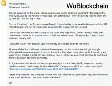 CZ Steps Down: Changpeng Zhao Resigns as Binance CEO Amid $4.3 Billion DOJ Settlement Binance Memo