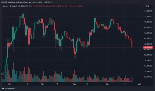 Bitcoin Price Plummets to May Lows: Decoding the BTC Dip and Analyzing Liquidation Data Chart with daily candles showing the performance of the BTC price