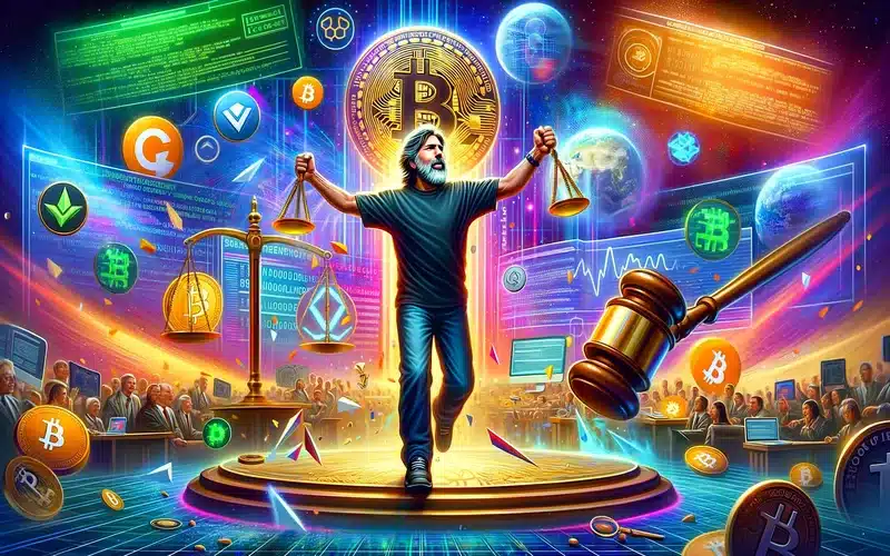 DALL·E 2024 03 20 14.32.59 A vibrant digital art piece that captures Steve Wozniaks triumph in a YouTube Bitcoin scam case. The artwork features a symbolic representation of St