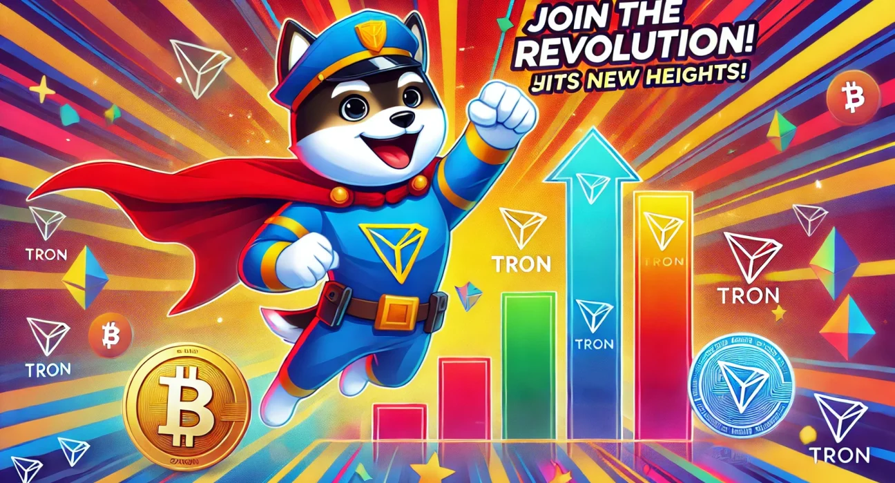 DALL·E 2024 11 03 14.45.32 A vibrant and energetic banner featuring Fuzai a police dog character in a triumphant superhero pose with a red cape. The background is filled with b