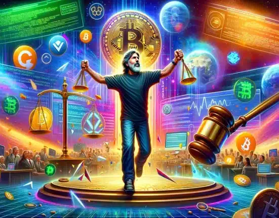 DALL·E 2024 03 20 14.32.59 A vibrant digital art piece that captures Steve Wozniaks triumph in a YouTube Bitcoin scam case. The artwork features a symbolic representation of St