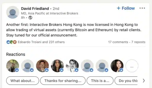 Interactive Brokers & Victory Securities Secure Hong Kong Crypto Licenses: Retail Virtual Asset Trading Heats Up David Friedland LinkedIn Post
