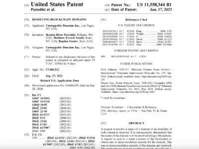 ENS Founder Warns Unstoppable Domains: Drop Patent or Face Lawsuit - Web3 Domain War? Screenshot of patent granted to Unstoppable Domains on January 17, 2023