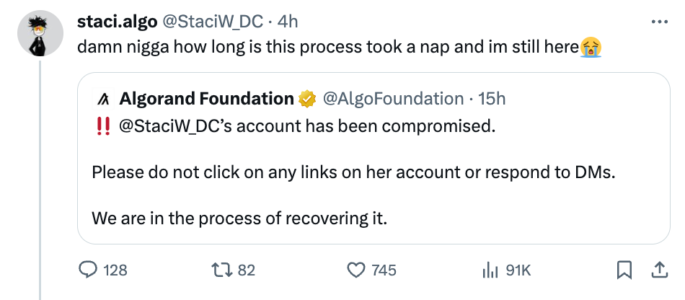 Algorand CEO's X Account Still Hijacked: Hacker Mocks, Offensive Posts Continue After 15+ Hours Hacker's tweet